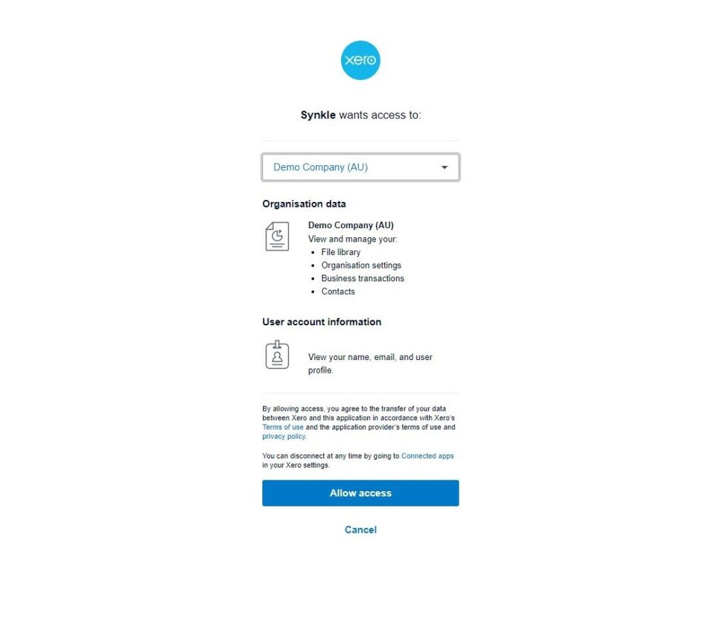7. Select Xero Organisation